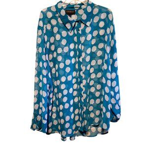 Lane Bryant Blue & White Polka Dot Sheer Button-Up Blouse Size 26/28 Womens Plus